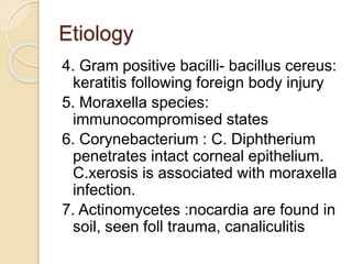 Etiology
4. Gram positive bacilli- bacillus cereus:
keratitis following foreign body injury
5. Moraxella species:
immunocompromised states
6. Corynebacterium : C. Diphtherium
penetrates intact corneal epithelium.
C.xerosis is associated with moraxella
infection.
7. Actinomycetes :nocardia are found in
soil, seen foll trauma, canaliculitis
 