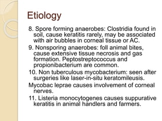 Etiology
8. Spore forming anaerobes: Clostridia found in
soil, cause keratitis rarely, may be associated
with air bubbles in corneal tissue or AC.
9. Nonsporing anaerobes: foll animal bites,
cause extensive tissue necrosis and gas
formation. Peptostreptococcus and
propionibacterium are common.
10. Non tuberculous mycobacterium: seen after
surgeries like laser-in-situ keratomileusis.
Mycobac leprae causes involvement of corneal
nerves.
11. Listeria monocytogenes causes suppurative
keratitis in animal handlers and farmers.
 