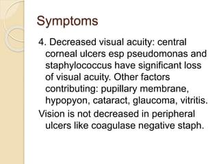 Symptoms
4. Decreased visual acuity: central
corneal ulcers esp pseudomonas and
staphylococcus have significant loss
of visual acuity. Other factors
contributing: pupillary membrane,
hypopyon, cataract, glaucoma, vitritis.
Vision is not decreased in peripheral
ulcers like coagulase negative staph.
 