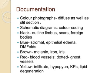 Documentation
 Colour photographs- diffuse as well as
slit section .
 Schematic diagrams: colour coding
 black- outline limbus, scars, foreign
bodies
 Blue- stromal, epithelial edema,
DMFolds
 Brown- melanin, iron, iris
 Red- blood vessels; dotted- ghost
vessels
 Yellow- infiltrate, hypopyon, KPs, lipid
degeneration
 