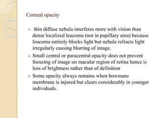 Corneal opacity
 thin diffuse nebula interferes more with vision than
dense localized leucoma (not in pupillary area) because
leucoma entirely blocks light but nebula refracts light
irregularly causing blurring of image.
 Small central or paracentral opacity does not prevent
focusing of image on macular region of retina hence is
loss of brightness rather than of definition
 Some opacity always remains when bowmans
membrane is injured but clears considerably in younger
individuals.
 