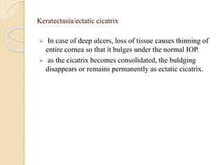 Keratectasia/ectatic cicatrix
 In case of deep ulcers, loss of tissue causes thinning of
entire cornea so that it bulges under the normal IOP.
 as the cicatrix becomes consolidated, the buldging
disappears or remains permanently as ectatic cicatrix.
 