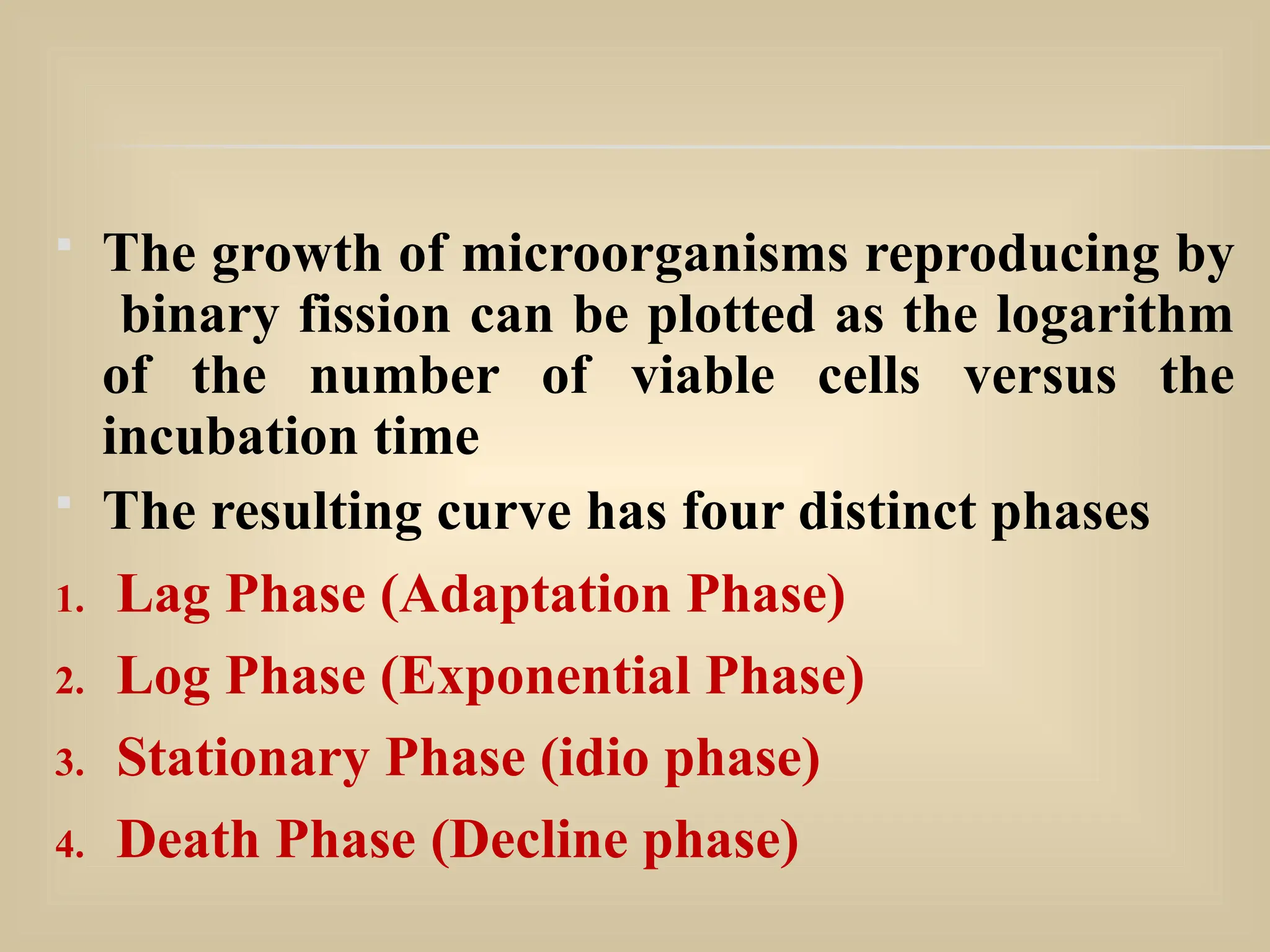  The growth of microorganisms reproducing by
binary fission can be plotted as the logarithm
of the number of viable cells versus the
incubation time
 The resulting curve has four distinct phases
1. Lag Phase (Adaptation Phase)
2. Log Phase (Exponential Phase)
3. Stationary Phase (idio phase)
4. Death Phase (Decline phase)
 