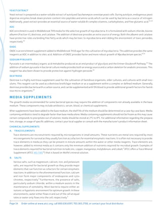 Page 14 Order online at www.atcc.org, call 800.638.6597, 703.365.2700, or contact your local distributor.
YEAST EXTRACT
Yeast extract is prepared as a water-soluble extract of autolyzed Saccharomyces cerevisiae yeast cells. During autolysis, endogenous yeast
digestive enzymes break down protein content into peptides and amino acids which can be used by bacteria as a source of nitrogen.
Additionally, yeast extract provides an essential source of water-soluble B-complex vitamins, carbohydrates, and free glutamic acid.¹¹,¹²
ADC
ADC enrichment is used in Middlebrook 7H9 media for the selective growth of mycobacteria. It is formulated with sodium chloride, bovine
albumin (fraction V), dextrose, and catalase. The addition of dextrose provides an extra source of energy. Both the albumin and catalase
have protective roles via binding free fatty acids which may be toxic to mycobacteria and ridding the environment of toxic peroxides,
respectively.¹²
OADC
OADC is an enrichment supplement added to Middlebrook 7H10 agar for the cultivation of mycobacteria. This additive provides the same
reagents as ADC in addition to oleic acid. Addition of OADC provides faster and more robust growth of Mycobacterium species.⁶,¹²
SODIUM PYRUVATE
Pyruvate is an intermediary organic acid metabolite produced as an end product of glycolysis and the Entner-Doudoroff Pathway.¹³ The
addition of sodium pyruvate in bacterial culture media provides both an energy source and a carbon skeleton for anabolic processes. This
reagent has also been shown to provide protection against hydrogen peroxide.¹⁴
DEXTROSE
Dextrose is a highly nutritious supplement used for the cultivation of fastidious organisms, older cultures, and cultures with small inoc-
ulums. This reagent can be used as a dextrose broth/agar medium or as a supplement within a complex or defined medium. Generally,
dextrose provides bacteria with a carbon source, and can be supplemented with 5% blood to provide additional growth factors for fastid-
ious micro-organisms.¹⁵
MEDI A SUPPLEMEN T S
The growth media recommended for some bacterial species may require the addition of components not already available in the base
medium. These components may include antibiotics, serum, blood, or chemical supplements.
After supplements have been added to the base medium, the shelf life of the medium should be determined on a case-by-case basis. Media
containing antibiotics tend to degrade faster than base media alone. Media containing supplements should not be frozen as this may cause
certain compounds to precipitate out of solution; media should be stored at 2°C to 8°C. For additional information regarding the prepara-
tion, storage, or usage of specific additives, contact your local supplier or consult with the manufacturer’s product information sheet.
CHEMICAL SUPPLEMENTS
A. TRACE ELEMENTS
Trace elements are micronutrients required by microorganisms in small amounts. These nutrients are metal ions required by most
microorganisms for survival as they usually function as cofactors for essential enzymatic reactions. It is often not necessary to provide
trace elements in media as they can be present in minute amounts within the water or other media reagents. Trace elements are,
however, added to minimal media as it contains only the minimum addition of nutrients required for microbial growth. Examples of
trace elements required for bacterial nutrition include zinc, copper, manganese, molybdenum, and cobalt.³ ATCC offers a Trace Mineral
Supplement (ATCC MD-TMS™) that is based on Wolfe’s mineral solution.
B. SALTS
Various salts, such as magnesium, calcium, iron, and potassium
salts, are required for bacterial growth as they provide major
elements that can function as cofactors for certain enzymatic
reactions. In addition to the aforementioned function, calcium
and iron form major components of endospores and cyto-
chromes, respectively.³ Furthermore, the presence of salts,
particularly sodium chloride, within a medium assists in the
maintenance of osmolality. Most bacteria require either an
isotonic or hypotonic environment for optimum growth. In these
environments, water either flows in and out of the cell at equal
rates or water only flows into the cell, respectively.³
 