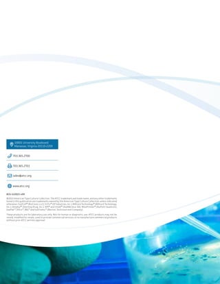 BCG-122021-v09
©2022 American Type Culture Collection. The ATCC trademark and trade name, and any other trademarks
listed in this publication are trademarks owned by the American Type Culture Collection unless indicated
otherwise. CoolCell® (BioCision, LLC); VirTis® (SP Industries, Inc.); Millrock Technology® (Millrock Technology,
Inc.); Amphyl® (Sterling Drug, Inc.); API® and Vitek® (bioMérieux SA); RiboPrinter® (DuPont Qualicon);
GasPak™, Difco™, BBL™ and IsoVitalex™ (Becton, Dickinson and Company).
These products are for laboratory use only. Not for human or diagnostic use. ATCC products may not be
resold, modified for resale, used to provide commercial services, or to manufacture commercial products
without prior ATCC written approval.
703.365.2700
703.365.2701
sales@atcc.org
www.atcc.org
10801 University Boulevard
Manassas, Virginia 20110-2209
 