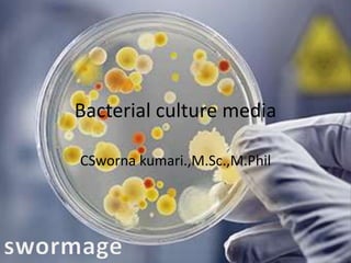 Bacterial culture media
CSworna kumari.,M.Sc.,M.Phil
 