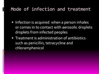 Mode of infection and treatment 
 Infection is acquired when a person inhales 
or comes in to contact with aerosolic droplets 
droplets from infected peoples 
 Treatment is administration of antibiotics 
such as penicillin, tetracycline and 
chloramphenicol 
 