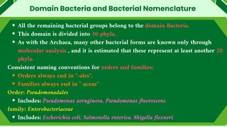 All the remaining bacterial groups belong to the domain Bacteria.
This domain is divided into 30 phyla.
As with the Archaea, many other bacterial forms are known only through
molecular analysis , and it is estimated that these represent at least another 20
phyla.
Consistent naming conventions for orders and families:
Orders always end in "-ales".
Families always end in "-aceae"
Order: Pseudomonadales
Includes: Pseudomonas aeruginosa, Pseudomonas fluorescens
family: Enterobacteriaceae
Includes: Escherichia coli, Salmonella enterica, Shigella flexneri
Domain Bacteria and Bacterial Nomenclature
 