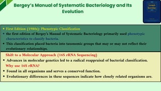 First Edition (1980s): Phenotypic Classification
the first edition of Bergey’s Manual of Systematic Bacteriology primarily used phenotypic
characteristics to classify bacteria.
This classification placed bacteria into taxonomic groups that may or may not reflect their
evolutionary relationships.
Bergey’s Manual of Systematic Bacteriology and Its
Evolution
Shift to a Molecular Approach (16S rRNA Sequencing)
Advances in molecular genetics led to a radical reappraisal of bacterial classification.
Why use 16S rRNA?
Found in all organisms and serves a conserved function.
Evolutionary differences in these sequences indicate how closely related organisms are.
 