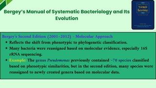 Bergey’s Manual of Systematic Bacteriology and Its
Evolution
Bergey’s Second Edition (2001–2012) - Molecular Approach
Reflects the shift from phenotypic to phylogenetic classification.
Many bacteria were reassigned based on molecular evidence, especially 16S
rRNA sequencing.
Example: The genus Pseudomonas previously contained ~70 species classified
based on phenotypic similarities, but in the second edition, many species were
reassigned to newly created genera based on molecular data.
 