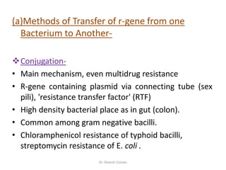 (a)Methods of Transfer of r-gene from one
Bacterium to Another-
Conjugation-
• Main mechanism, even multidrug resistance
• R-gene containing plasmid via connecting tube (sex
pili), 'resistance transfer factor' (RTF)
• High density bacterial place as in gut (colon).
• Common among gram negative bacilli.
• Chloramphenicol resistance of typhoid bacilli,
streptomycin resistance of E. coli .
Dr. Devesh Classes
 