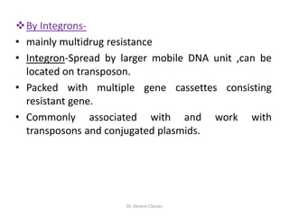 By Integrons-
• mainly multidrug resistance
• Integron-Spread by larger mobile DNA unit ,can be
located on transposon.
• Packed with multiple gene cassettes consisting
resistant gene.
• Commonly associated with and work with
transposons and conjugated plasmids.
Dr. Devesh Classes
 