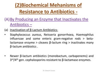 (2)Biochemical Mehanisms of
Resistance to Antibiotics -
(A)By Producing an Enzyme that Inactivates the
Antibiotics –
(a) Inactivation of β-Lactum Antibiotics-
• Staphylococcus aureus, Neisseria gonorrhoea, Haemophilus
influenzae and some enteric gram-negative rods > beta-
lactamase enzyme > cleaves β-lactum ring > inactivates many
β-lactum antibiotics .
• Newer β-lactum antibiotics (monobactum, carbapenems) and
3rd/4th gen. cephalosporins resistant to β-lactamase enzymes.
Dr. Devesh Classes
 
