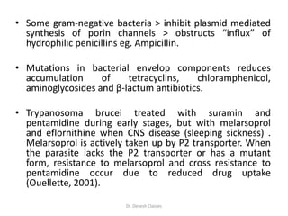 • Some gram-negative bacteria > inhibit plasmid mediated
synthesis of porin channels > obstructs “influx” of
hydrophilic penicillins eg. Ampicillin.
• Mutations in bacterial envelop components reduces
accumulation of tetracyclins, chloramphenicol,
aminoglycosides and β-lactum antibiotics.
• Trypanosoma brucei treated with suramin and
pentamidine during early stages, but with melarsoprol
and eflornithine when CNS disease (sleeping sickness) .
Melarsoprol is actively taken up by P2 transporter. When
the parasite lacks the P2 transporter or has a mutant
form, resistance to melarsoprol and cross resistance to
pentamidine occur due to reduced drug uptake
(Ouellette, 2001).
Dr. Devesh Classes
 
