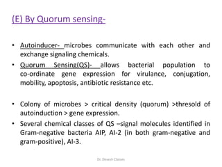 (E) By Quorum sensing-
• Autoinducer- microbes communicate with each other and
exchange signaling chemicals.
• Quorum Sensing(QS)- allows bacterial population to
co-ordinate gene expression for virulance, conjugation,
mobility, apoptosis, antibiotic resistance etc.
• Colony of microbes > critical density (quorum) >thresold of
autoinduction > gene expression.
• Several chemical classes of QS –signal molecules identified in
Gram-negative bacteria AIP, AI-2 (in both gram-negative and
gram-positive), AI-3.
Dr. Devesh Classes
 