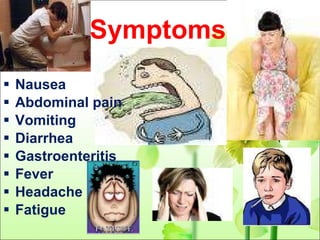 Symptoms Nausea Abdominal pain Vomiting Diarrhea Gastroenteritis Fever Headache  Fatigue 