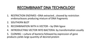 RECOMBINANT DNA TECHNOLOGY
1. RESTRICTION ENZYMES –DNA extracted , cleaved by restriction
endonucleases producing mixture of DNA fragments
2. SOUTHERN BLOT
3. RECOMBINATION WITH A VECTOR – by DNA ligase
4. INTRODUCTING VECTOR INTO BACTERIA: by transformation usually
5. CLONING – culture of bacteria followed by expression of gene
products yields large quantity of desired protein
 