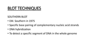BLOT TECHNIQUES
SOUTHERN BLOT
• EM. Southern in 1975
• Specific base pairing of complementary nucleic acid strands
• DNA hybridization
• To detect a specific segment of DNA in the whole genome
 