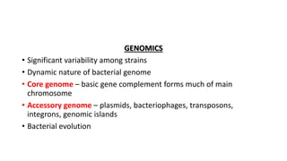 GENOMICS
• Significant variability among strains
• Dynamic nature of bacterial genome
• Core genome – basic gene complement forms much of main
chromosome
• Accessory genome – plasmids, bacteriophages, transposons,
integrons, genomic islands
• Bacterial evolution
 