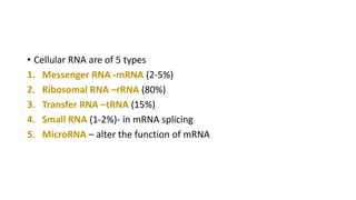 • Cellular RNA are of 5 types
1. Messenger RNA -mRNA (2-5%)
2. Ribosomal RNA –rRNA (80%)
3. Transfer RNA –tRNA (15%)
4. Small RNA (1-2%)- in mRNA splicing
5. MicroRNA – alter the function of mRNA
 