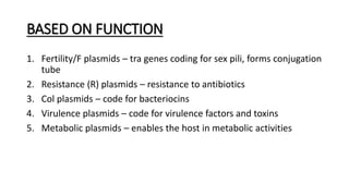 BASED ON FUNCTION
1. Fertility/F plasmids – tra genes coding for sex pili, forms conjugation
tube
2. Resistance (R) plasmids – resistance to antibiotics
3. Col plasmids – code for bacteriocins
4. Virulence plasmids – code for virulence factors and toxins
5. Metabolic plasmids – enables the host in metabolic activities
 