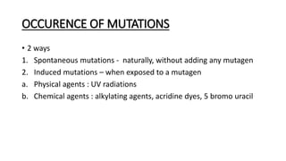 OCCURENCE OF MUTATIONS
• 2 ways
1. Spontaneous mutations - naturally, without adding any mutagen
2. Induced mutations – when exposed to a mutagen
a. Physical agents : UV radiations
b. Chemical agents : alkylating agents, acridine dyes, 5 bromo uracil
 