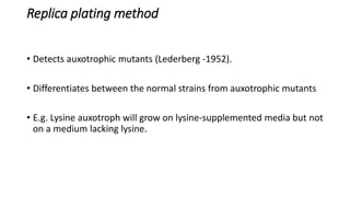 Replica plating method
• Detects auxotrophic mutants (Lederberg -1952).
• Differentiates between the normal strains from auxotrophic mutants
• E.g. Lysine auxotroph will grow on lysine-supplemented media but not
on a medium lacking lysine.
 