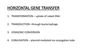 HORIZONTAL GENE TRANSFER
1. TRANSFORMATION – uptake of naked DNA
2. TRANSDUCTION –through bacteriophage
3. LYSOGENIC CONVERSION
4. CONJUGATION – plasmid mediated via conjugation tube
 
