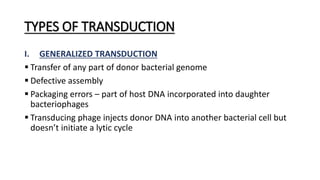 TYPES OF TRANSDUCTION
I. GENERALIZED TRANSDUCTION
 Transfer of any part of donor bacterial genome
 Defective assembly
 Packaging errors – part of host DNA incorporated into daughter
bacteriophages
 Transducing phage injects donor DNA into another bacterial cell but
doesn’t initiate a lytic cycle
 