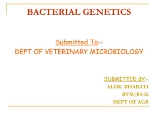 BACTERIAL GENETICS Submitted To :- DEPT OF VETERINARY MICROBIOLOGY SUBMITTED BY :- ALOK BHARATI RVM/08-32 DEPT OF AGB