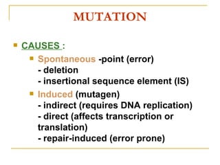 MUTATION CAUSES : Spontaneous -point (error) - deletion - insertional sequence element (IS) Induced (mutagen) - indirect (requires DNA replication) - direct (affects transcription or translation) - repair-induced (error prone)