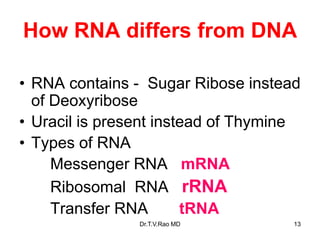 How RNA differs from DNA
• RNA contains - Sugar Ribose instead
of Deoxyribose
• Uracil is present instead of Thymine
• Types of RNA
Messenger RNA mRNA
Ribosomal RNA rRNA
Transfer RNA tRNA
13
Dr.T.V.Rao MD
 