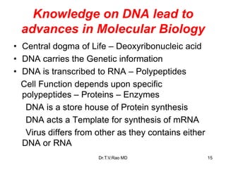 Knowledge on DNA lead to
advances in Molecular Biology
• Central dogma of Life – Deoxyribonucleic acid
• DNA carries the Genetic information
• DNA is transcribed to RNA – Polypeptides
Cell Function depends upon specific
polypeptides – Proteins – Enzymes
DNA is a store house of Protein synthesis
DNA acts a Template for synthesis of mRNA
Virus differs from other as they contains either
DNA or RNA
15
Dr.T.V.Rao MD
 