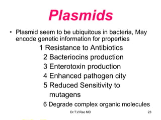Plasmids
• Plasmid seem to be ubiquitous in bacteria, May
encode genetic information for properties
1 Resistance to Antibiotics
2 Bacteriocins production
3 Enterotoxin production
4 Enhanced pathogen city
5 Reduced Sensitivity to
mutagens
6 Degrade complex organic molecules
23
Dr.T.V.Rao MD
 