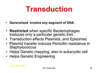Transduction
• Generalized involve any segment of DNA
• Restricted when specific Bacteriophages
traduces only a particular genetic trait.
• Transduction effects Plasmids ,and Episomes
• Plasmid transfer induces Penicillin resistance in
Staphylococcus
• Helps Genetic mapping, also in eukaryotic cell
• Helps Genetic Engineering
T.V.Rao MD
50
Dr.T.V.Rao MD
 