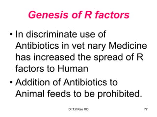 Genesis of R factors
• In discriminate use of
Antibiotics in vet nary Medicine
has increased the spread of R
factors to Human
• Addition of Antibiotics to
Animal feeds to be prohibited.
77
Dr.T.V.Rao MD
 