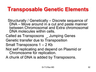 Transposable Genetic Elements
Structurally / Genetically – Discrete sequence of
DNA – Move around in a cut and paste manner
between Chromosomal and Extra chromosomal
DNA molecules within cells.
Called as Transposons _ Jumping Genes
Genetic transfer due to Transposition
Small Transposons 1 – 2 Kb
Not self replicating and depend on Plasmid or
Chromosome for replication.
A chunk of DNA is added by Transposons.
82
Dr.T.V.Rao MD
 