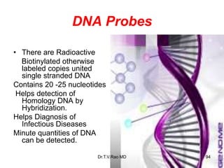 DNA Probes
• There are Radioactive
Biotinylated otherwise
labeled copies united
single stranded DNA
Contains 20 -25 nucleotides
Helps detection of
Homology DNA by
Hybridization.
Helps Diagnosis of
Infectious Diseases
Minute quantities of DNA
can be detected.
94
Dr.T.V.Rao MD
 