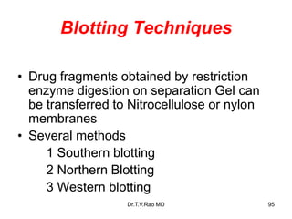 Blotting Techniques
• Drug fragments obtained by restriction
enzyme digestion on separation Gel can
be transferred to Nitrocellulose or nylon
membranes
• Several methods
1 Southern blotting
2 Northern Blotting
3 Western blotting
95
Dr.T.V.Rao MD
 
