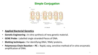 • Applied Bacterial Genetics
• Genetic Engineering : In vitro synthesis of new genetic material.
• GENE Probe : Labelled single stranded Pieces of DNA.
• Blotting techniques : For identifying DNA / RNA/ proteins.
• Polymerase Chain Reaction – PC : Rapid, easy, sensitive method of in-vitro enzymatic
amplification of DNA.
_______ 11
 