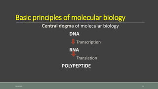 Basic principles of molecular biology
Central dogma of molecular biology
DNA
Transcription
RNA
Translation
POLYPEPTIDE
26-06-2021 23
 