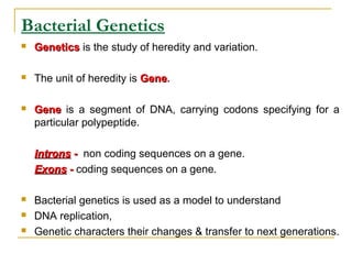 Bacterial Genetics
 GeneticsGenetics is the study of heredity and variation.
 The unit of heredity is GeneGene.
 GeneGene is a segment of DNA, carrying codons specifying for a
particular polypeptide.
IntronsIntrons -- non coding sequences on a gene.
ExonsExons -- coding sequences on a gene.
 Bacterial genetics is used as a model to understand
 DNA replication,
 Genetic characters their changes & transfer to next generations.
 