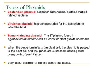 Types of Plasmids
 Bacteriocin plasmid: codes for bacteriocins, proteins that kill
related bacteria.
 Virulence plasmid: has genes needed for the bacterium to
infect the host.
 Tumor-inducing plasmid: The Ti plasmid found in
Agrobacterium tumefaciens = Codes for plant growth hormones.
 When the bacterium infects the plant cell, the plasmid is passed
to the plant cell and the genes are expressed, causing local
overgrowth of plant tissue.
 Very useful plasmid for cloning genes into plants.
 