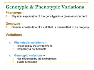 Genotypic & Phenotypic Variations
Phenotype –
 Physical expression of the genotype in a given environment.
Genotype –
 Genetic constitution of a cell that is transmitted to its progeny.
Variations
1. Phenotypic variations –
 influenced by the environment
 temporary & not heritable
1. Genotypic variations –
 Not influenced by the environment
 Stable & heritable
 