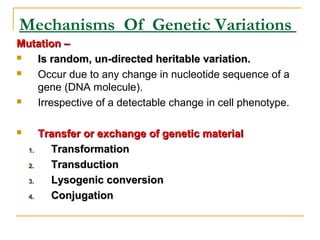 Mechanisms Of Genetic Variations
Mutation –Mutation –
 Is random, un-directed heritable variation.Is random, un-directed heritable variation.
 Occur due to any change in nucleotide sequence of a
gene (DNA molecule).
 Irrespective of a detectable change in cell phenotype.
 Transfer or exchange of genetic materialTransfer or exchange of genetic material
1.1. TransformationTransformation
2.2. TransductionTransduction
3.3. Lysogenic conversionLysogenic conversion
4.4. ConjugationConjugation
 