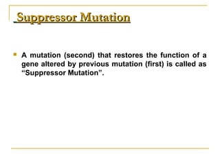 Suppressor MutationSuppressor Mutation
 A mutation (second) that restores the function of a
gene altered by previous mutation (first) is called as
“Suppressor Mutation”.
 