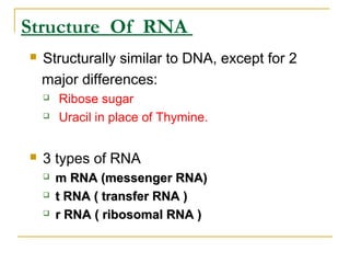 Structure Of RNA
 Structurally similar to DNA, except for 2
major differences:
 Ribose sugar
 Uracil in place of Thymine.
 3 types of RNA
 m RNA (messenger RNA)m RNA (messenger RNA)
 t RNA ( transfer RNA )t RNA ( transfer RNA )
 r RNA ( ribosomal RNA )r RNA ( ribosomal RNA )
 