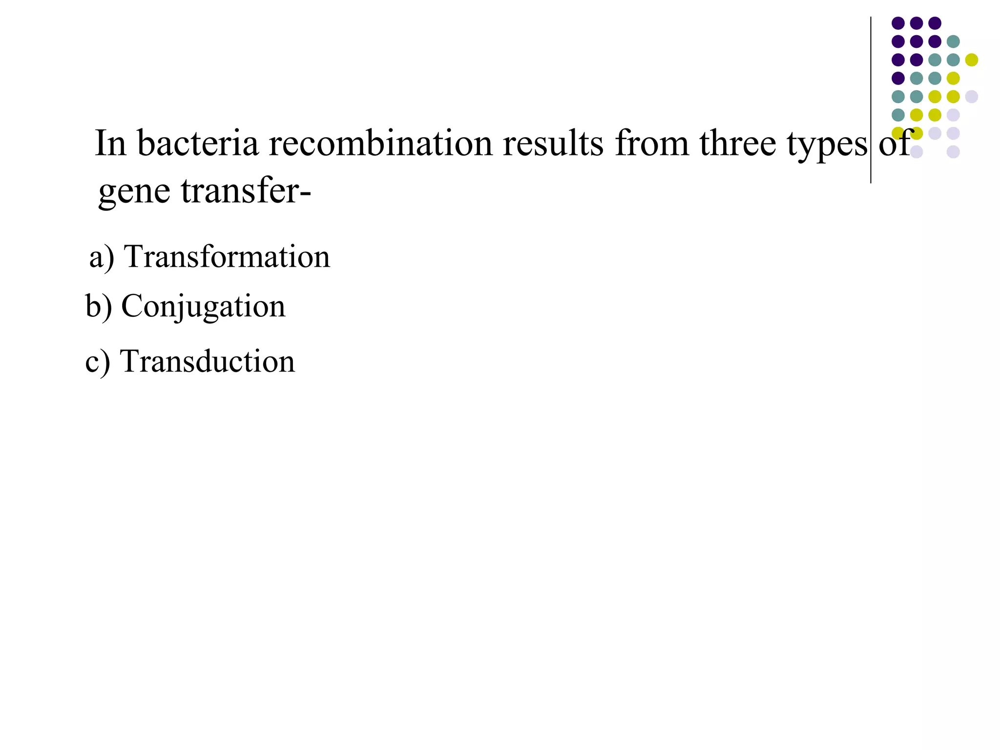 In bacteria recombination results from three types of
gene transfer-
a) Transformation
b) Conjugation
c) Transduction
 