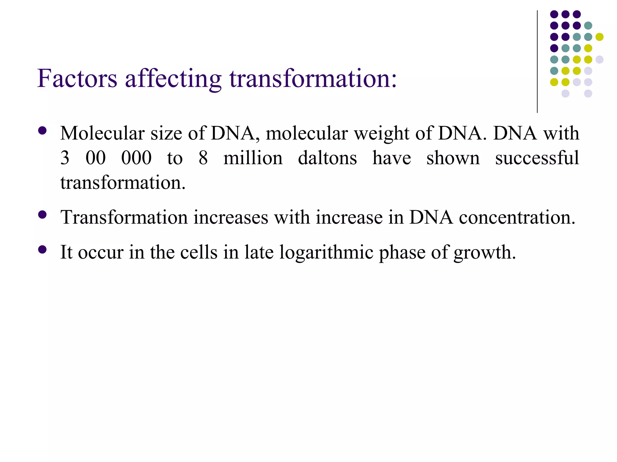 Factors affecting transformation:
 Molecular size of DNA, molecular weight of DNA. DNA with
3 00 000 to 8 million daltons have shown successful
transformation.
 Transformation increases with increase in DNA concentration.
 It occur in the cells in late logarithmic phase of growth.
 