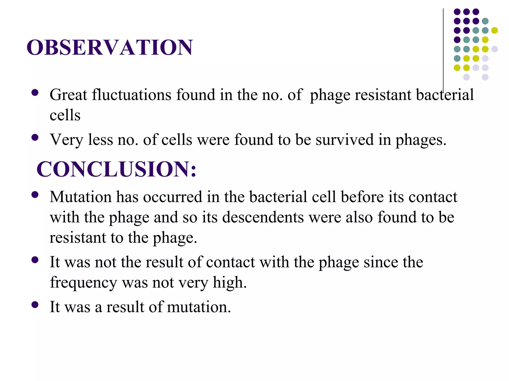 OBSERVATION
 Great fluctuations found in the no. of phage resistant bacterial
cells
 Very less no. of cells were found to be survived in phages.
CONCLUSION:
 Mutation has occurred in the bacterial cell before its contact
with the phage and so its descendents were also found to be
resistant to the phage.
 It was not the result of contact with the phage since the
frequency was not very high.
 It was a result of mutation.
 